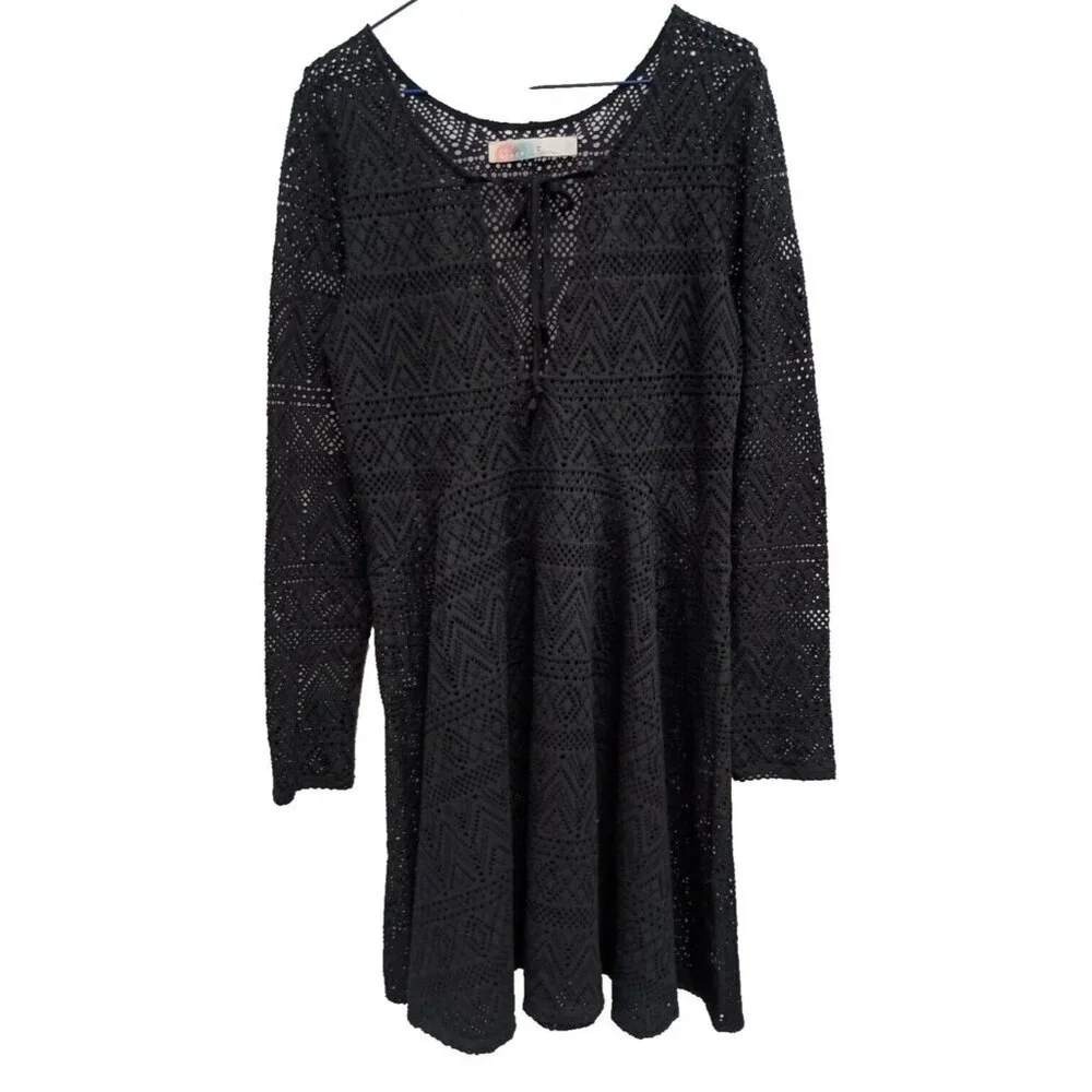 Free People Beach Crochet Mini Dress Womens Small Black Boho Fairy Sheer Coastal